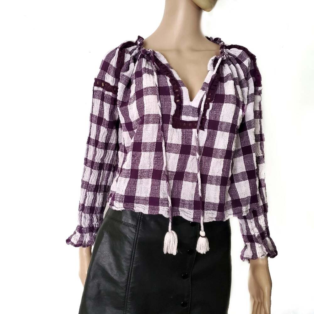Free People | Honey Grove Crepe Ruffle Wrist Cutout Lace Plum Plaid Top